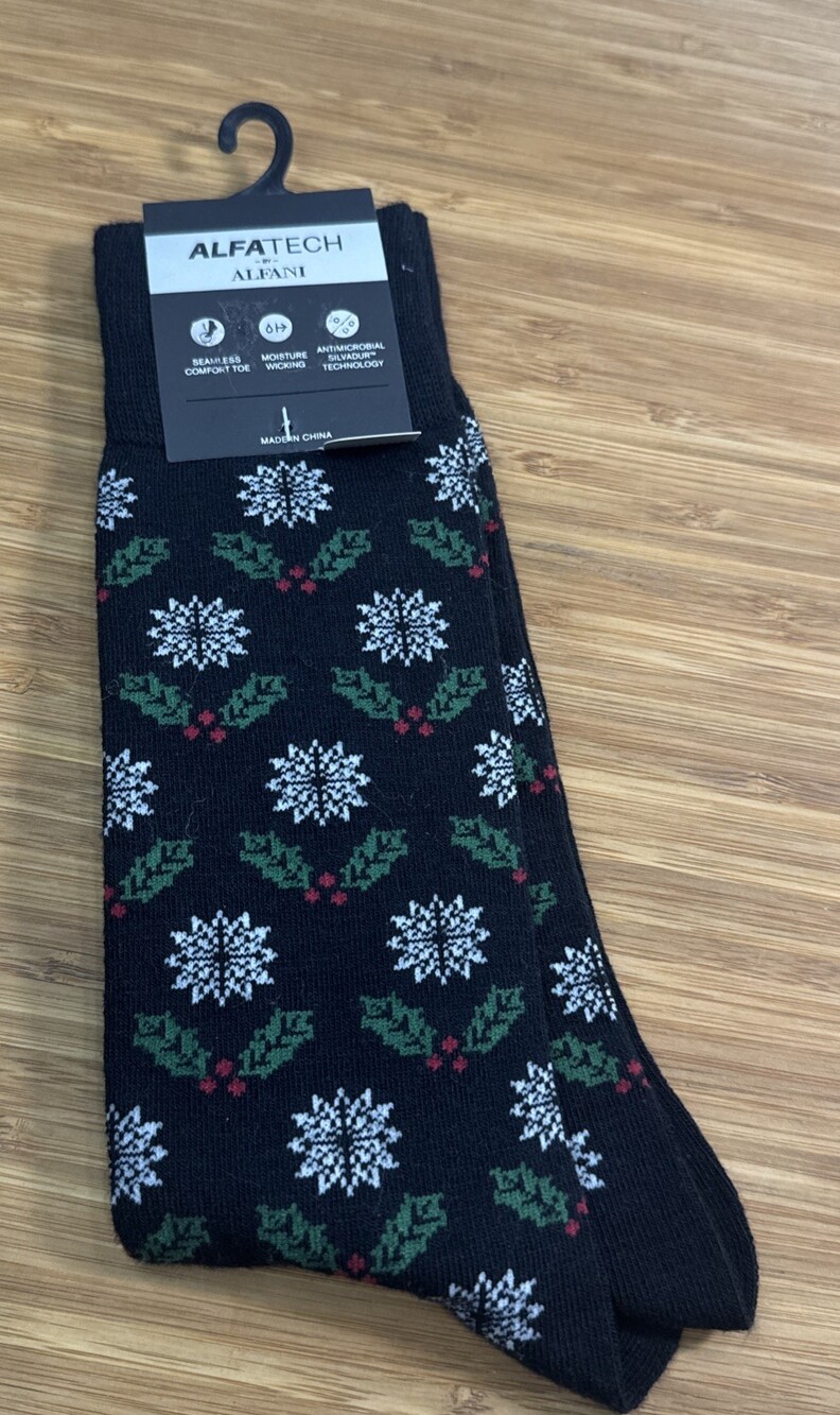 $10 ALFANI Mistletoe Dress Socks | 1 Pair | Black Red Grn | Shoe 7-12 Sock 10-13